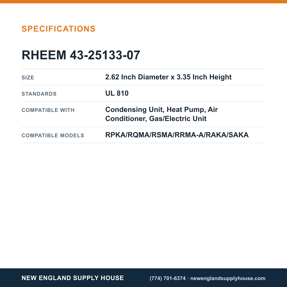 Rheem Furnace Parts 43-25133-07 Condensing Unit Dual Capacitor specifications — New England Supply House [NESH-SPECTABLE-V1]