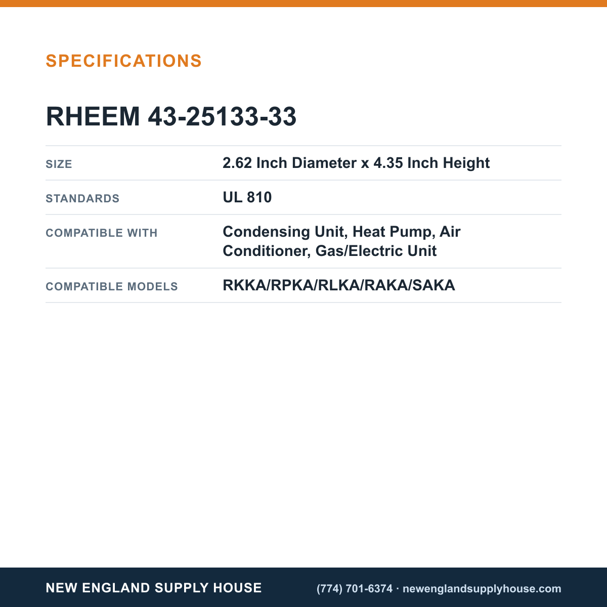 Rheem Furnace Parts 43-25133-33 Condensing Unit Dual Capacitor specifications — New England Supply House [NESH-SPECTABLE-V1]