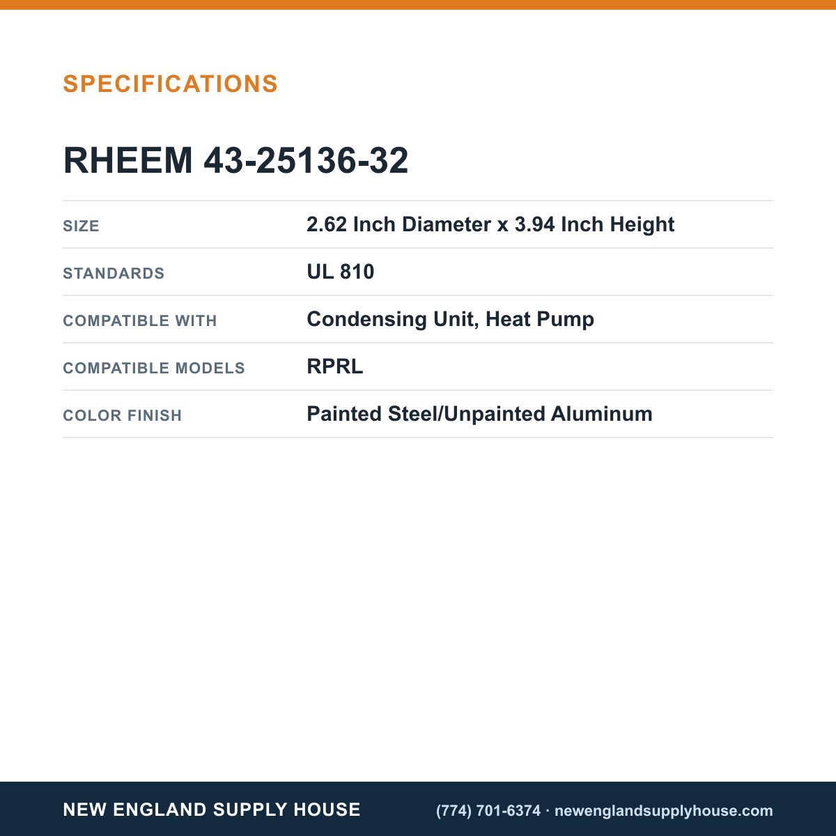 Rheem Furnace Parts 43-25136-32 Condensing Unit Single Capacitor specifications — New England Supply House [NESH-SPECTABLE-V1]