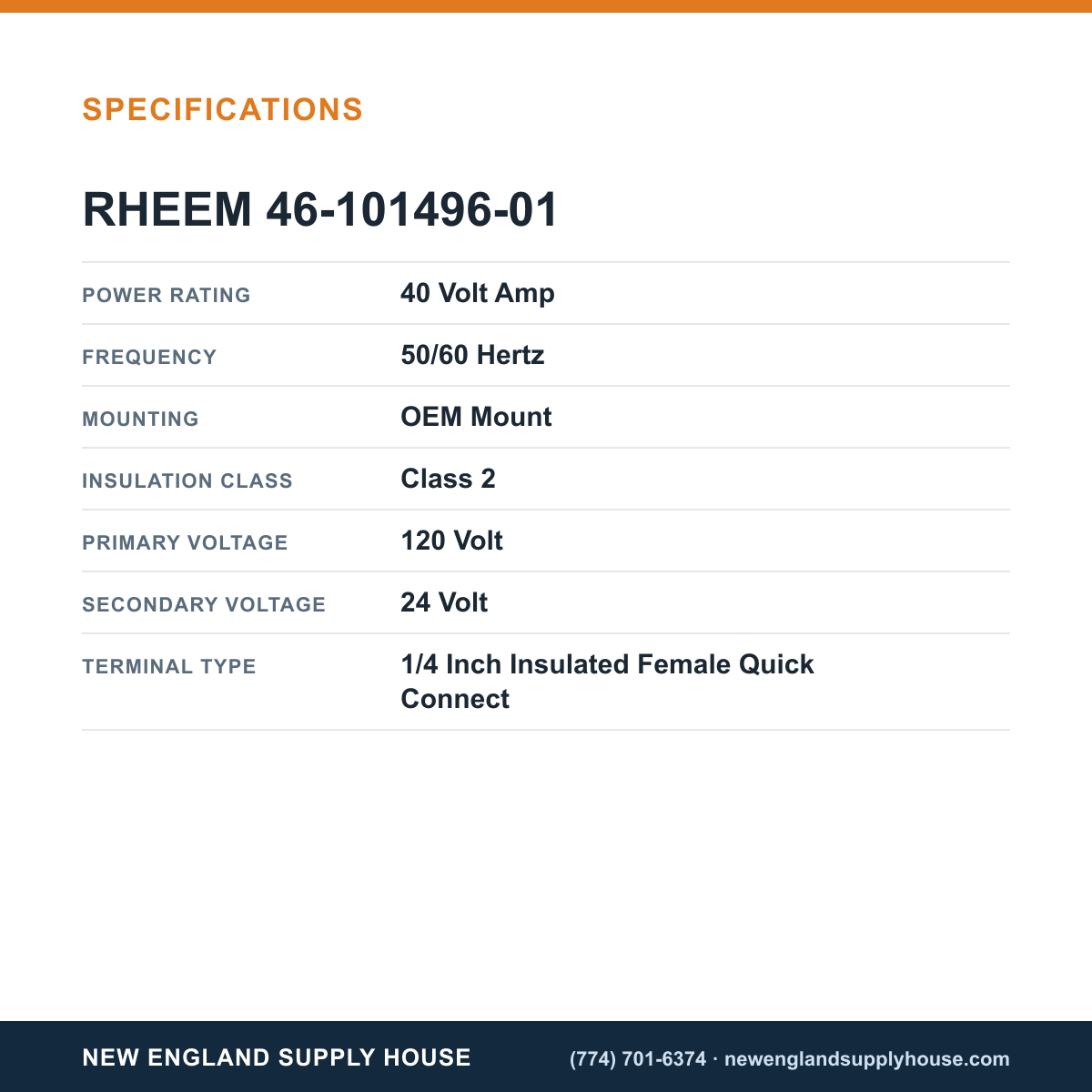 Rheem Furnace Parts 46-101496-01 Control Transformer specifications — New England Supply House [NESH-SPECTABLE-V1]