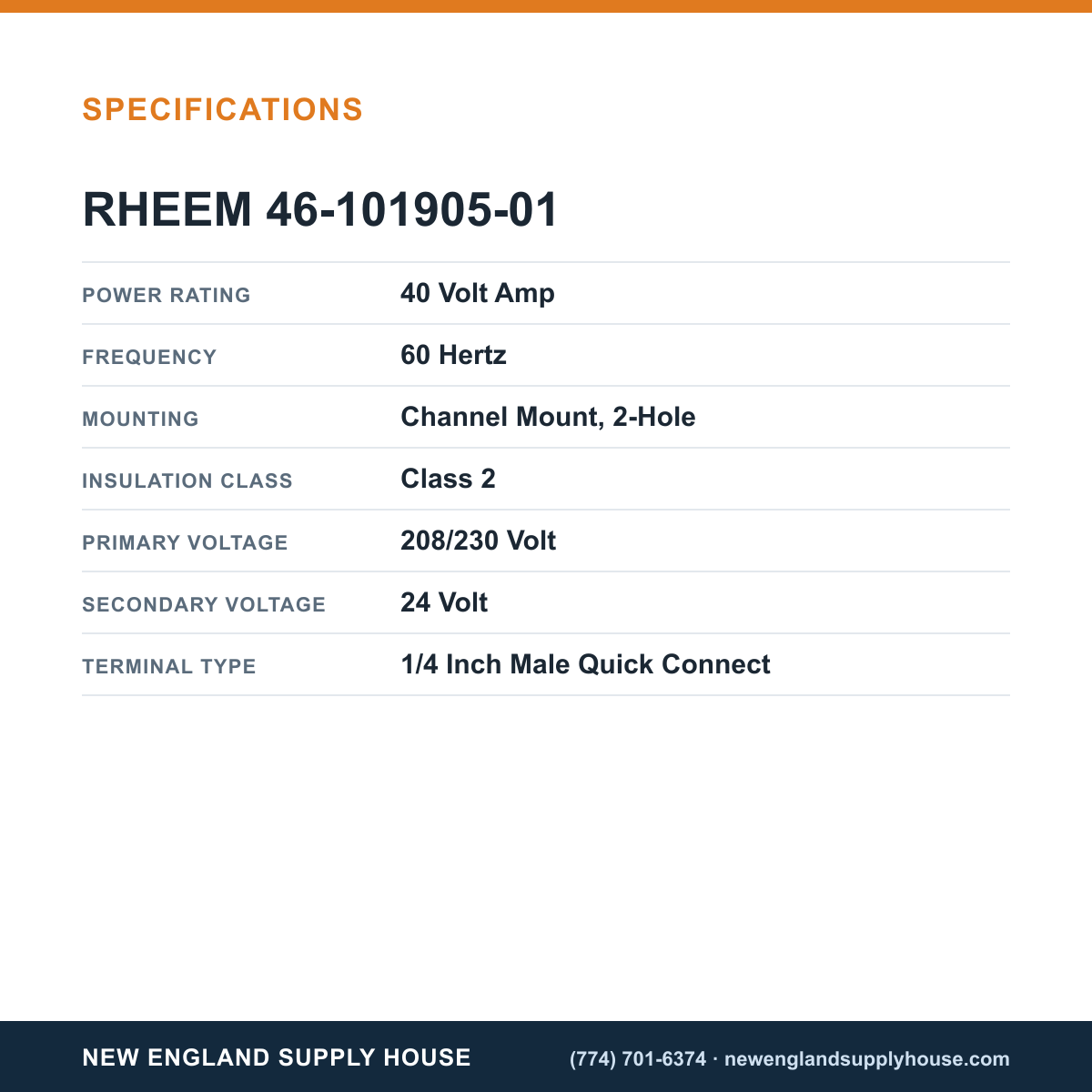 Rheem Furnace Parts 46-101905-01 Control Transformer specifications — New England Supply House [NESH-SPECTABLE-V1]
