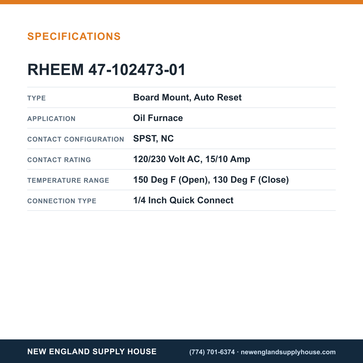 Rheem Furnace Parts 47-102473-01 Temperature Control Limit Switch specifications — New England Supply House [NESH-SPECTABLE-V1]