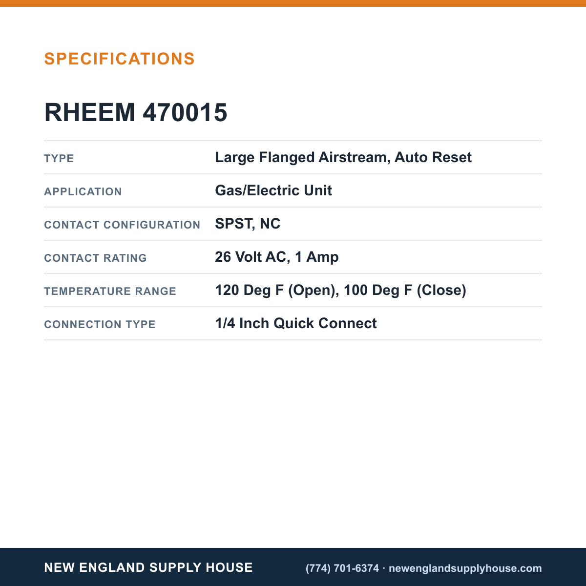 Rheem Furnace Parts 470015 Temperature Control Limit Switch specifications — New England Supply House [NESH-SPECTABLE-V1]