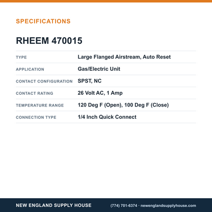 Rheem Furnace Parts 470015 Temperature Control Limit Switch specifications — New England Supply House [NESH-SPECTABLE-V1]