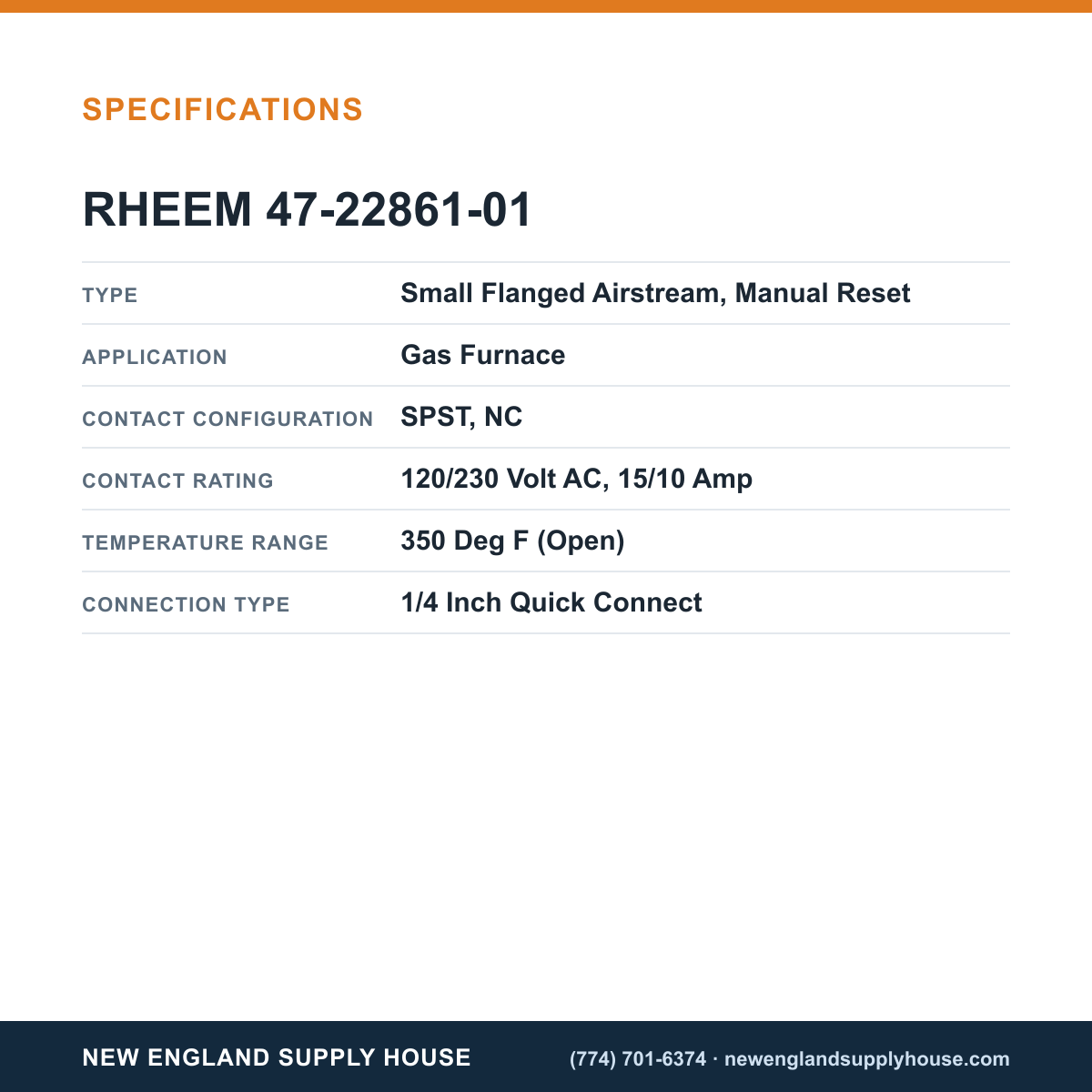 Rheem Furnace Parts 47-22861-01 Temperature Control Limit Switch specifications — New England Supply House [NESH-SPECTABLE-V1]