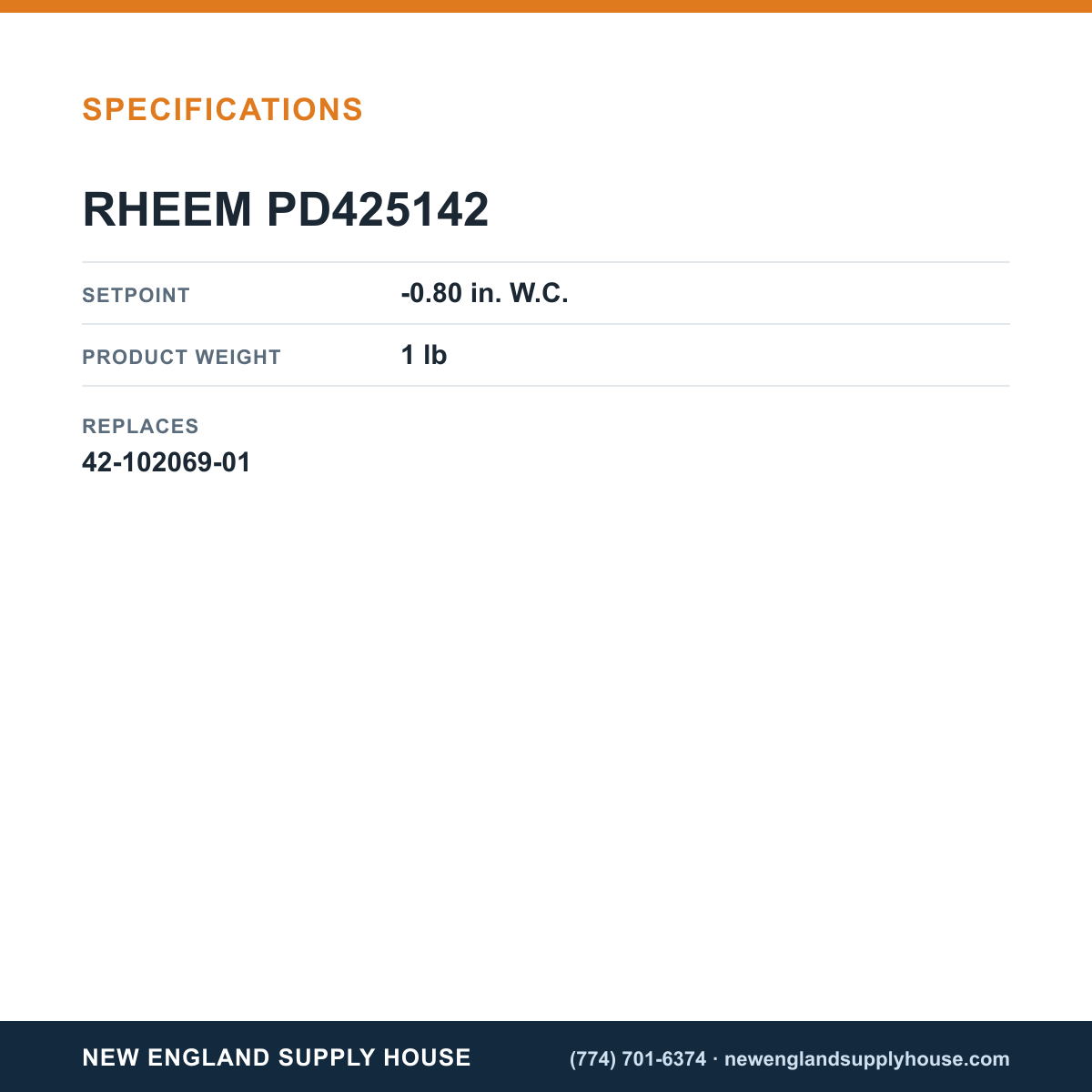 Rheem Furnace Parts PD425142 Pressure Switch Assembly specifications — New England Supply House [NESH-SPECTABLE-V1]