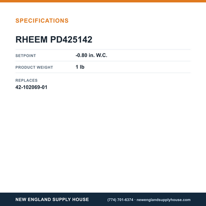 Rheem Furnace Parts PD425142 Pressure Switch Assembly specifications — New England Supply House [NESH-SPECTABLE-V1]