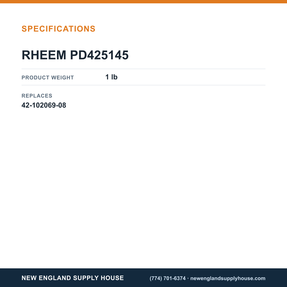 Rheem Furnace Parts PD425145 Pressure Switch Assembly specifications — New England Supply House [NESH-SPECTABLE-V1]
