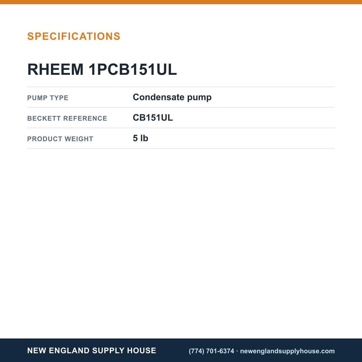 Rheem Furnace Parts 1PCB151UL Condensate Pump specifications — New England Supply House [NESH-SPECTABLE-V1]