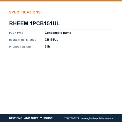 Rheem Furnace Parts 1PCB151UL Condensate Pump specifications — New England Supply House [NESH-SPECTABLE-V1]