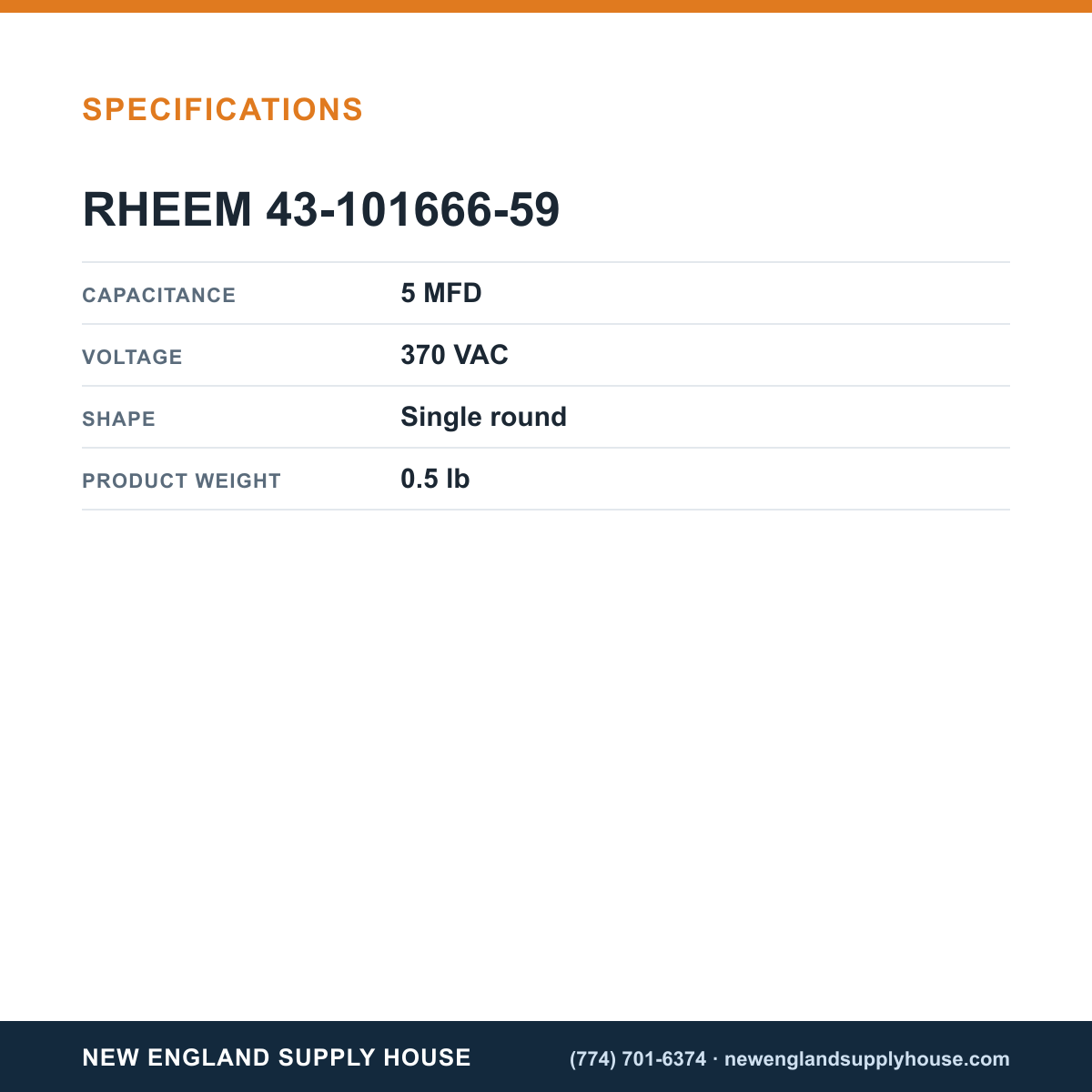 Rheem Furnace Parts 43-101666-59 Capacitor specifications — New England Supply House [NESH-SPECTABLE-V1]