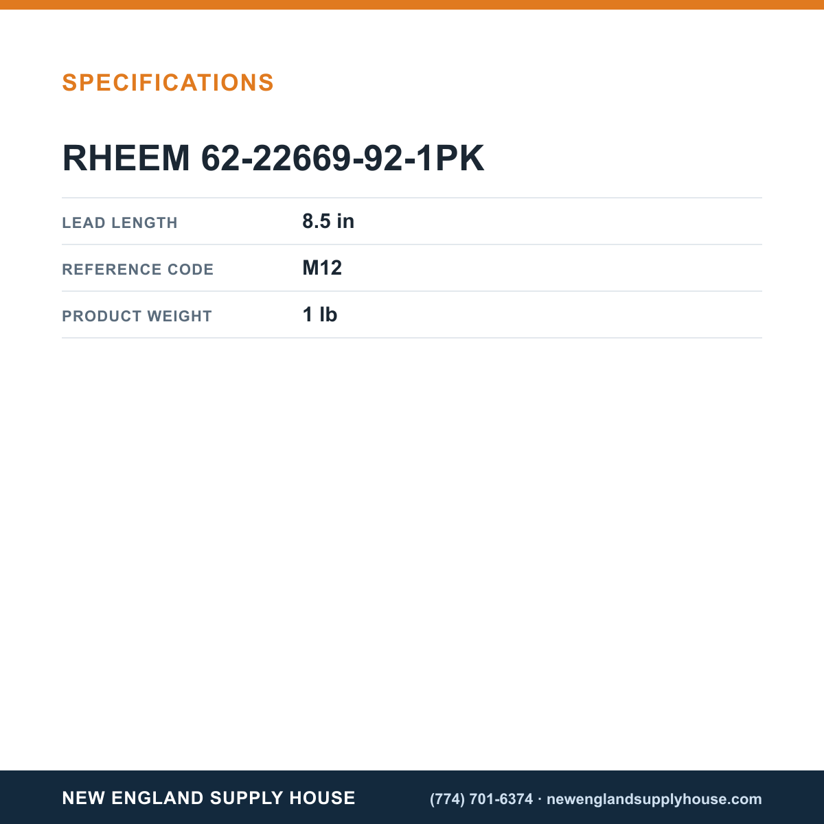 Rheem Furnace Parts 62-22669-92-1PK Hot Surface Ignitor Kit specifications — New England Supply House [NESH-SPECTABLE-V1]