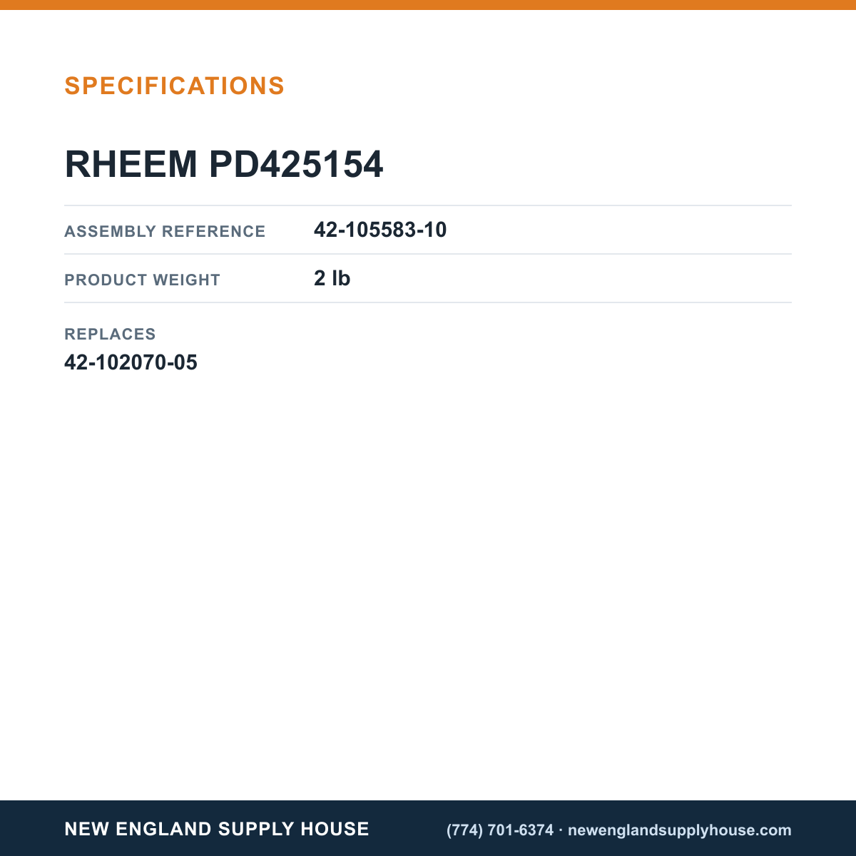 Rheem Furnace Parts PD425154 Pressure Switch specifications — New England Supply House [NESH-SPECTABLE-V1]