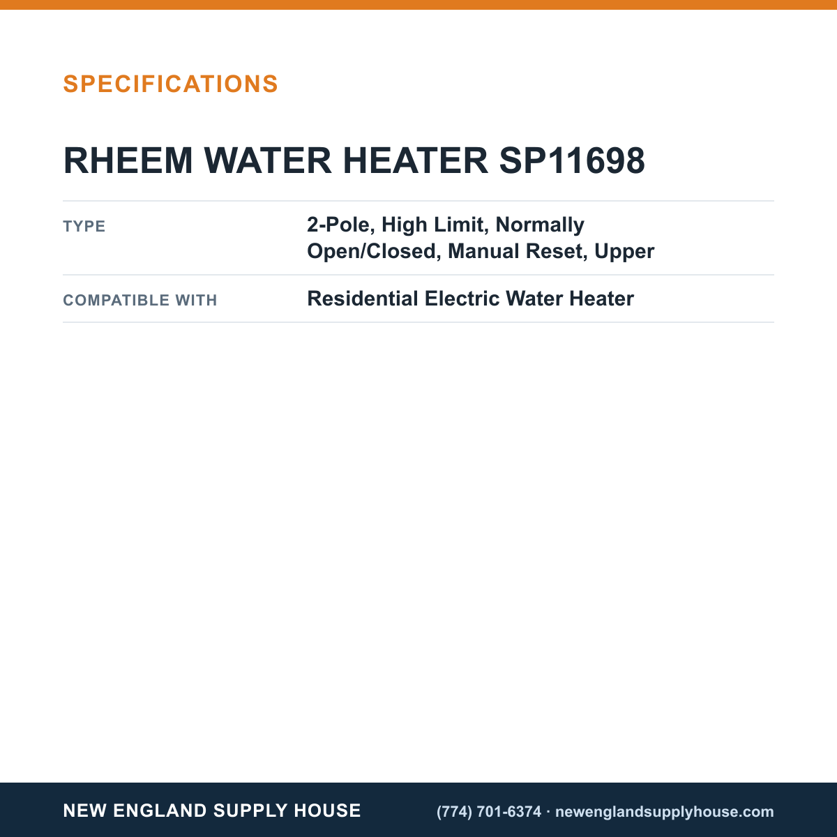 Rheem Water Heater Parts SP11698 Water Heater Thermostat specifications — New England Supply House [NESH-SPECTABLE-V1]