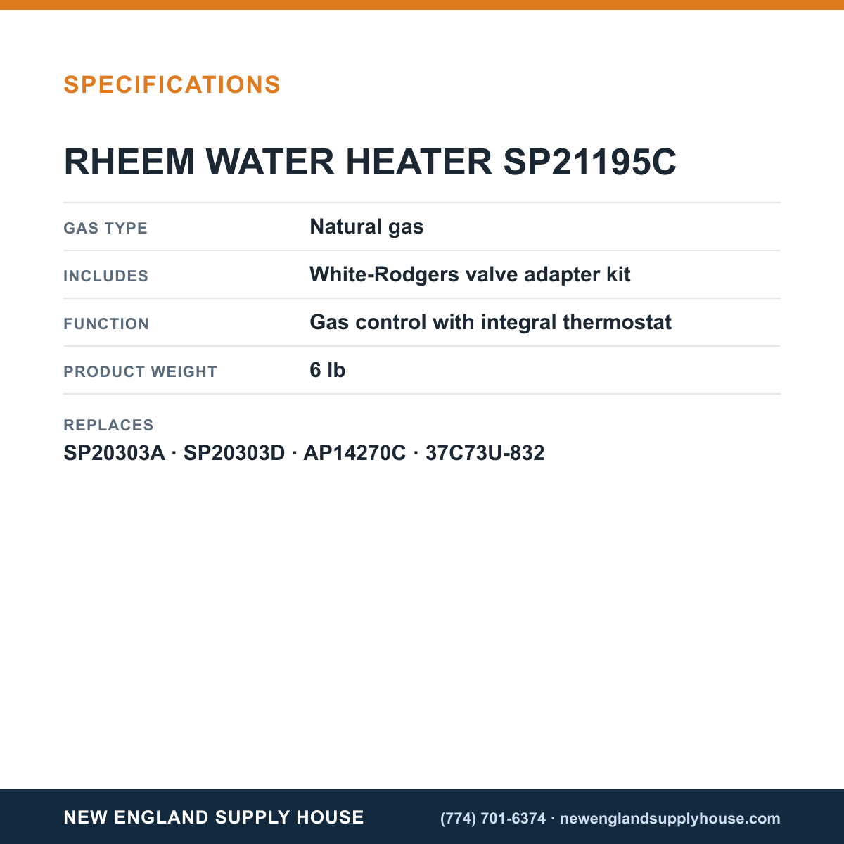 Rheem SP21195C Gas Control Valve specifications — New England Supply House [NESH-SPECTABLE-V1]