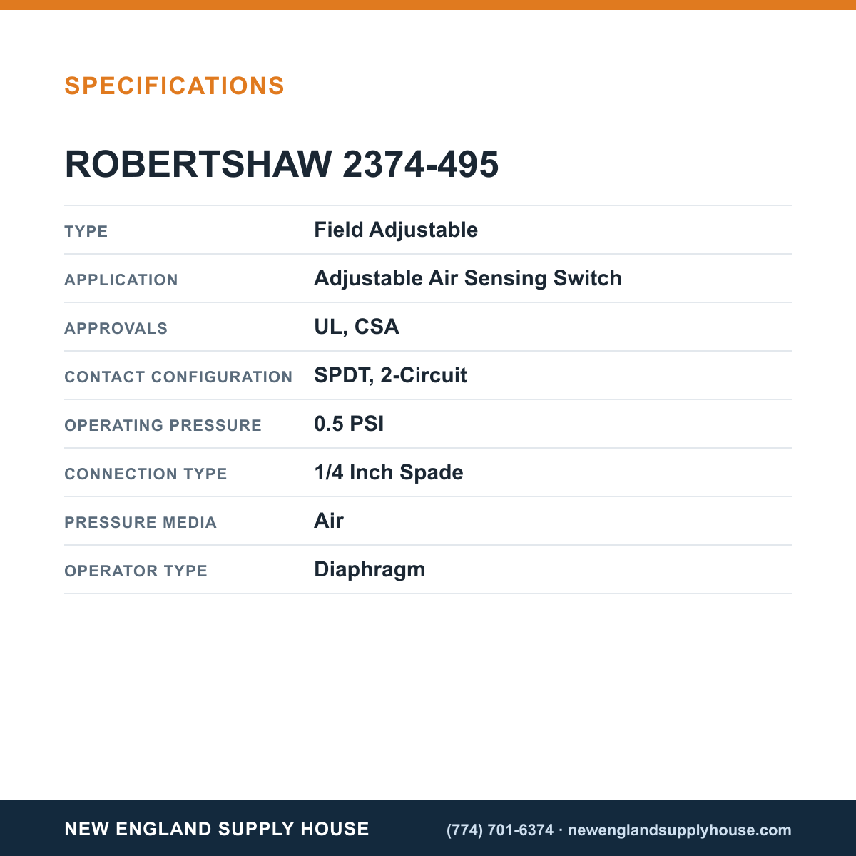 Robertshaw 2374-495 Air Pressure Sensing Switch specifications — New England Supply House [NESH-SPECTABLE-V1]