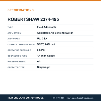 Robertshaw 2374-495 Air Pressure Sensing Switch specifications — New England Supply House [NESH-SPECTABLE-V1]