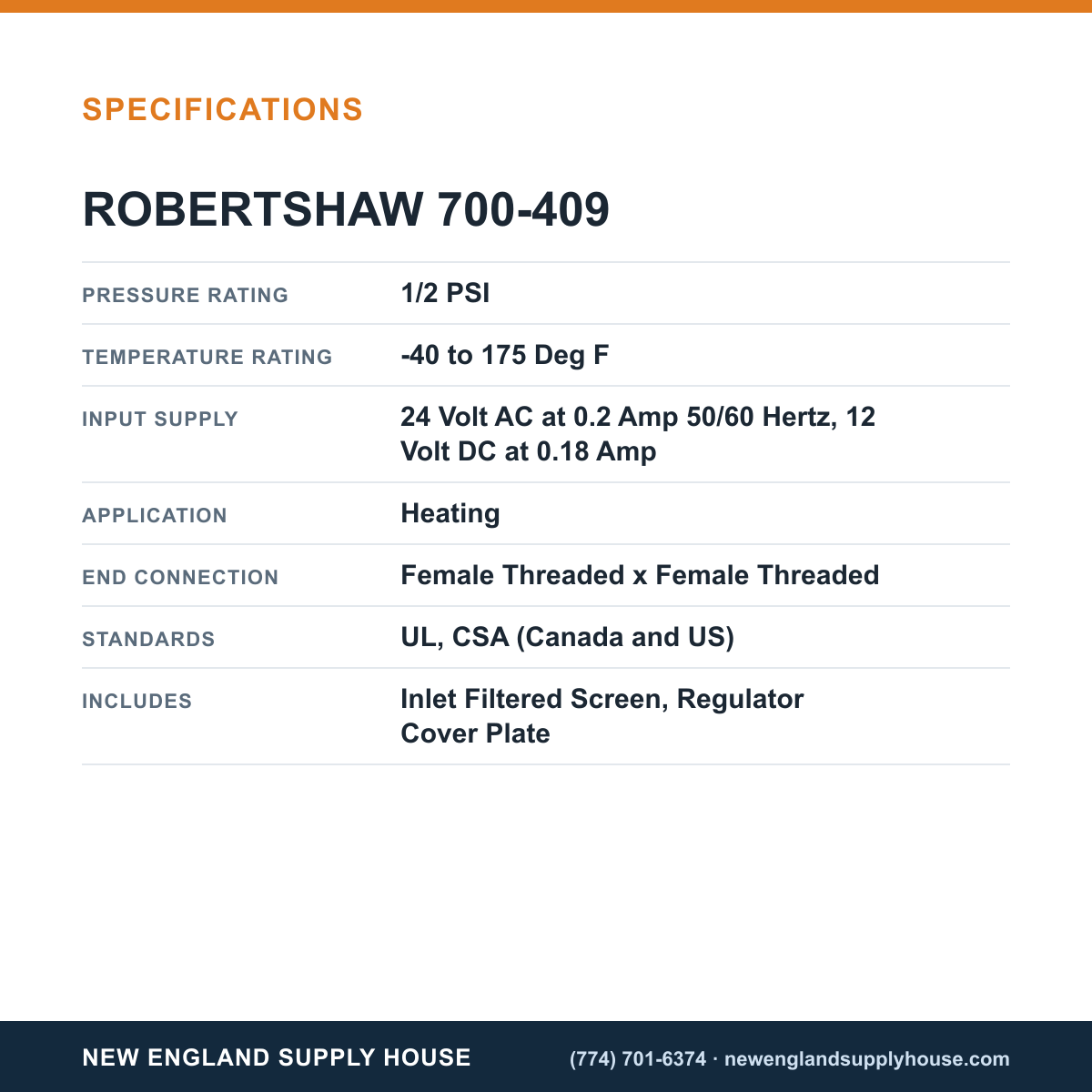 Robertshaw 700-409 Combination Gas Valve specifications — New England Supply House [NESH-SPECTABLE-V1]