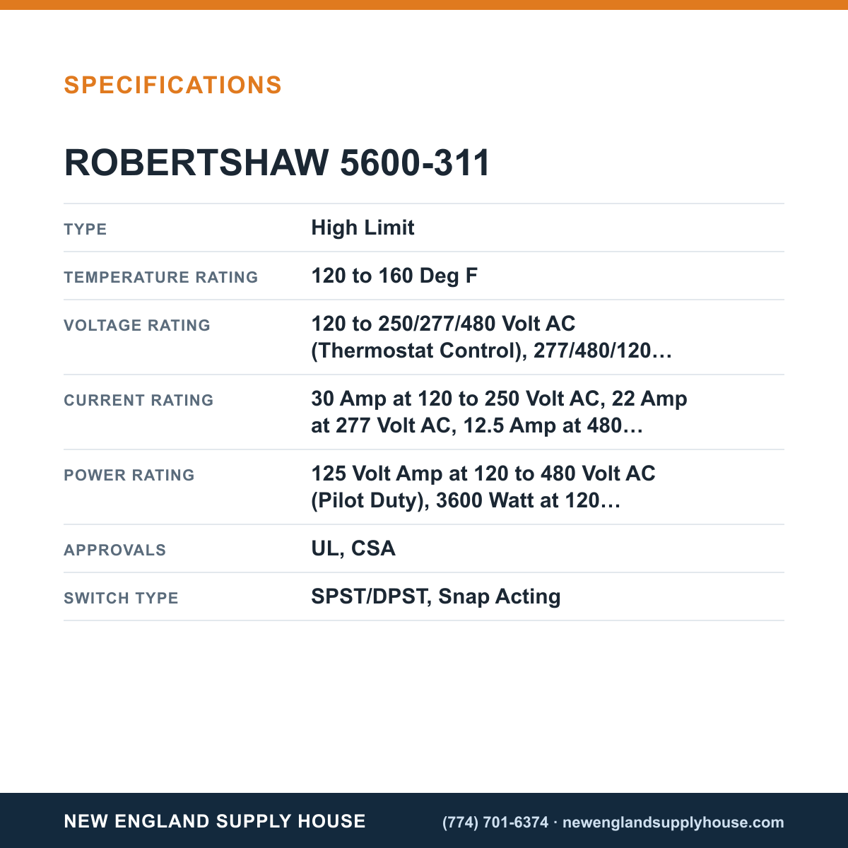 Robertshaw 5600-311 Electric Thermostat specifications — New England Supply House [NESH-SPECTABLE-V1]