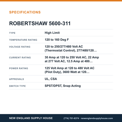 Robertshaw 5600-311 Electric Thermostat specifications — New England Supply House [NESH-SPECTABLE-V1]