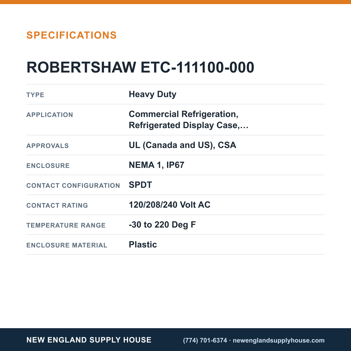 Robertshaw ETC-111100-000 Electronic Temperature Controller specifications — New England Supply House [NESH-SPECTABLE-V1]