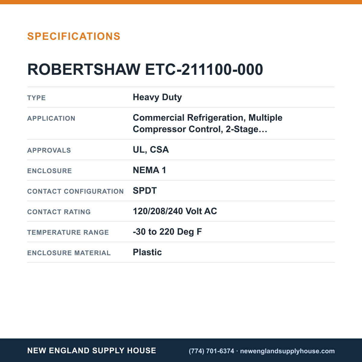 Robertshaw ETC-211100-000 Electronic Temperature Controller specifications — New England Supply House [NESH-SPECTABLE-V1]