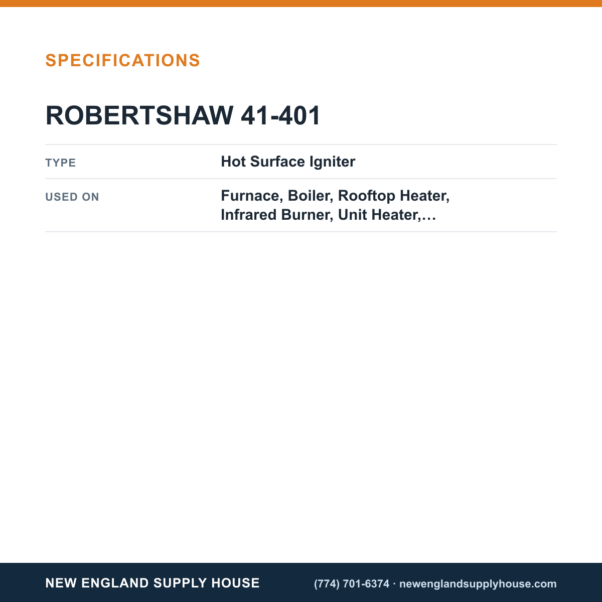 Robertshaw 41-401 Furnace Hot Surface Igniter specifications — New England Supply House [NESH-SPECTABLE-V1]