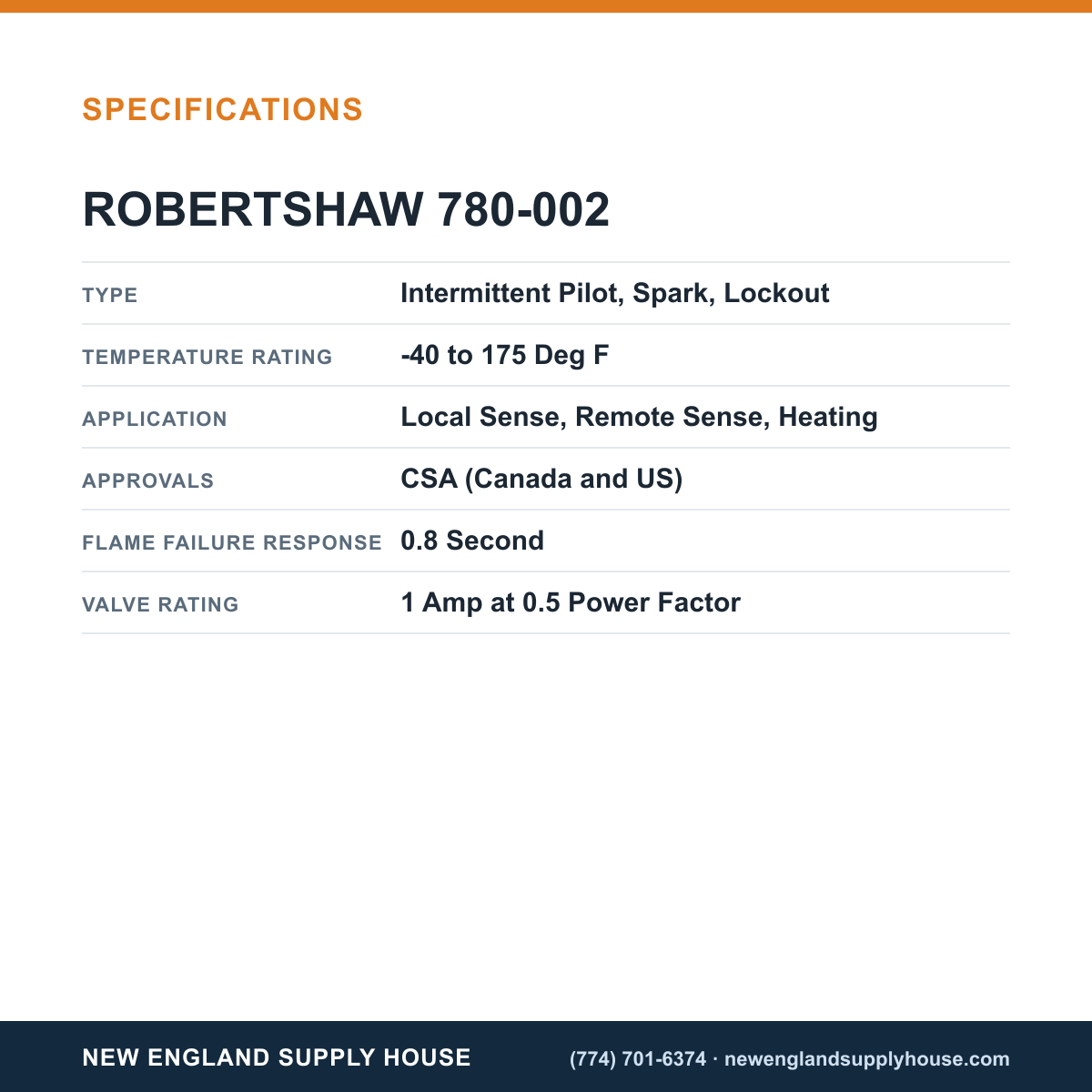 Robertshaw 780-002 Gas Ignition Control Kit specifications — New England Supply House [NESH-SPECTABLE-V1]