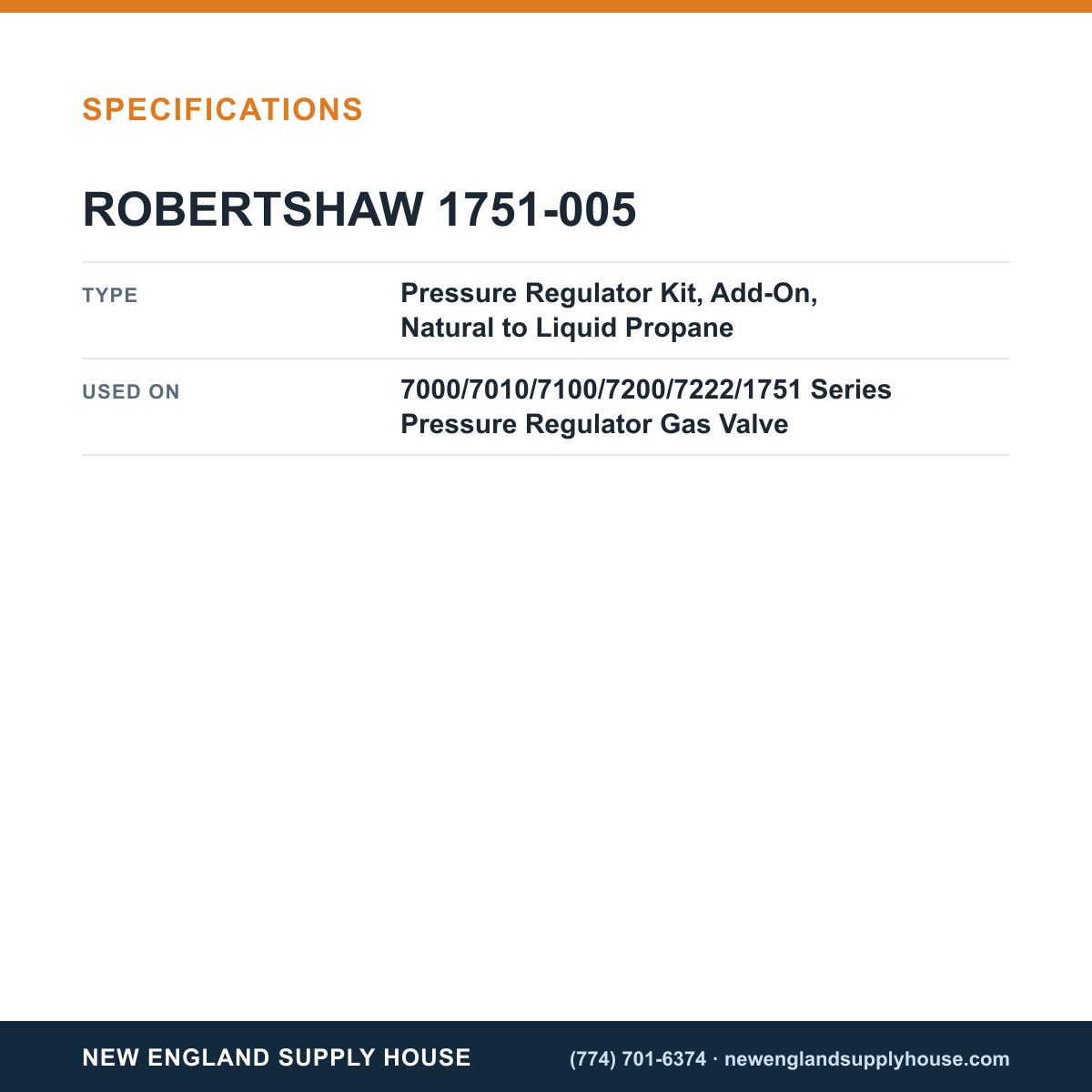 Robertshaw 1751-005 Gas Valve Add-On Pressure Regulator Kit specifications — New England Supply House [NESH-SPECTABLE-V1]