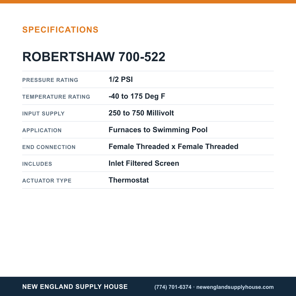 Robertshaw 700-522 Gas Valve specifications — New England Supply House [NESH-SPECTABLE-V1]