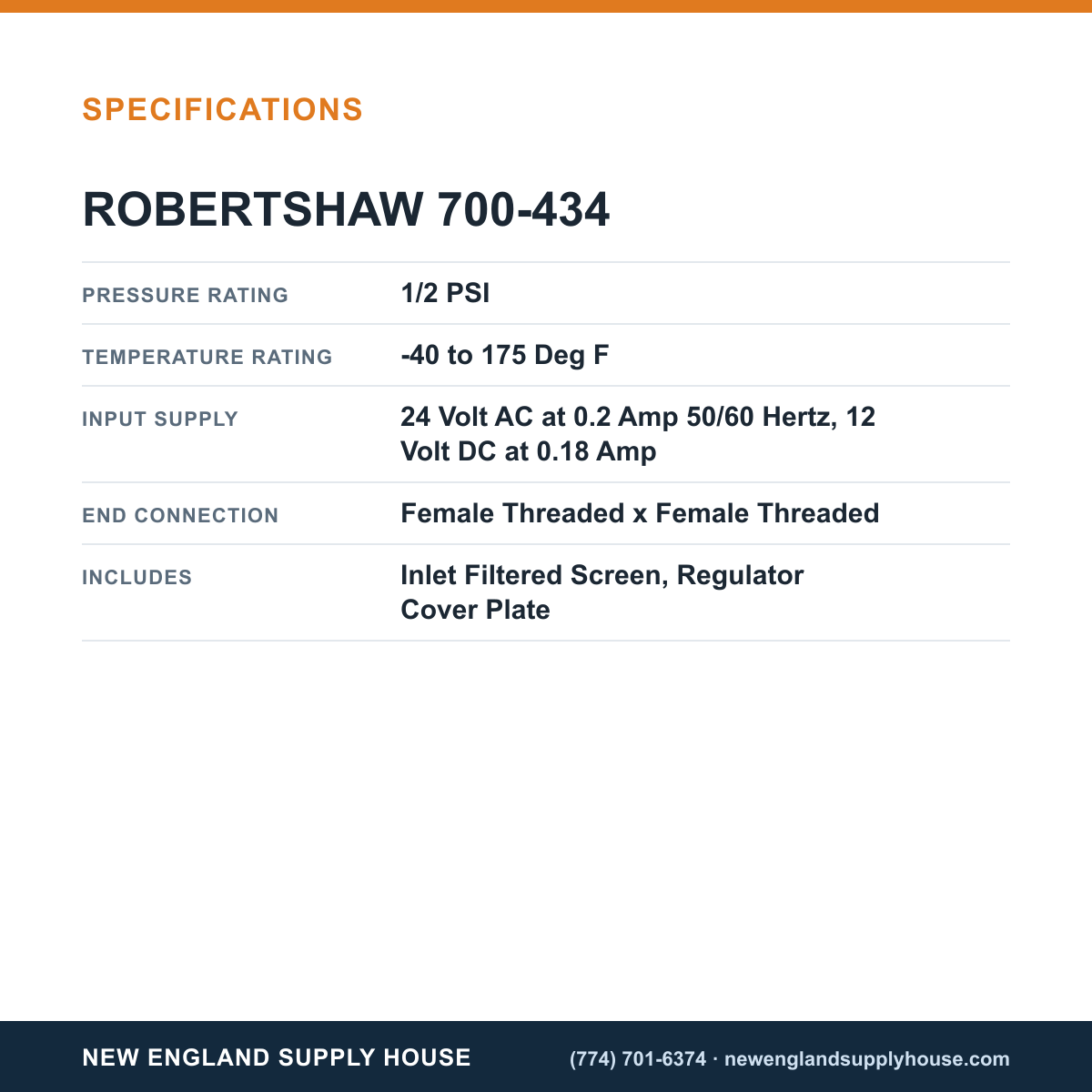 Robertshaw 700-434 Gas Valve specifications — New England Supply House [NESH-SPECTABLE-V1]