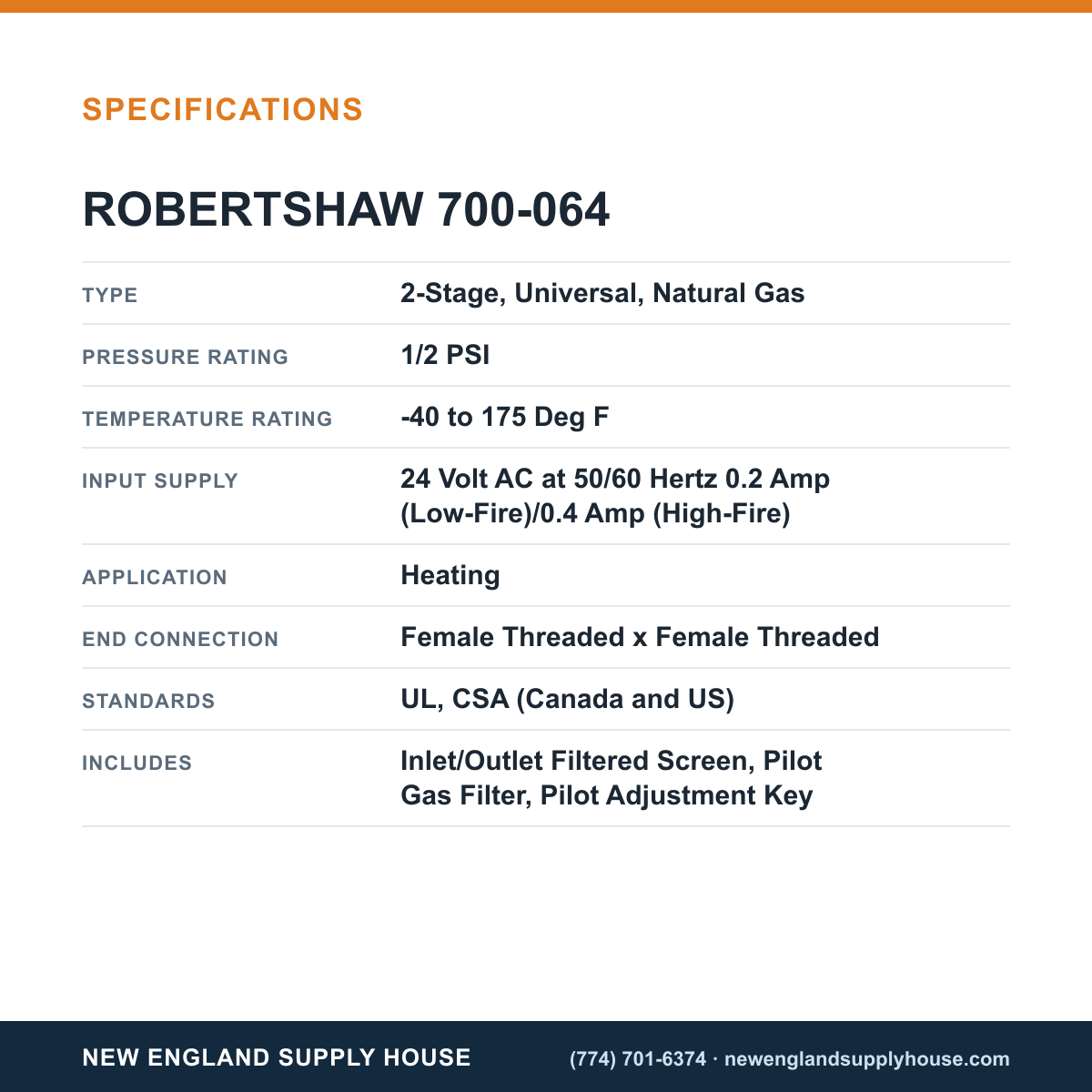 Robertshaw 700-064 Gas Valve specifications — New England Supply House [NESH-SPECTABLE-V1]