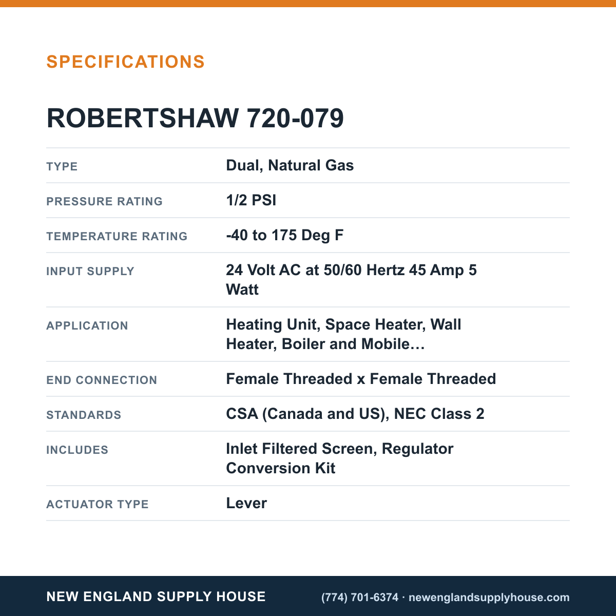 Robertshaw 720-079 Gas Valve specifications — New England Supply House [NESH-SPECTABLE-V1]