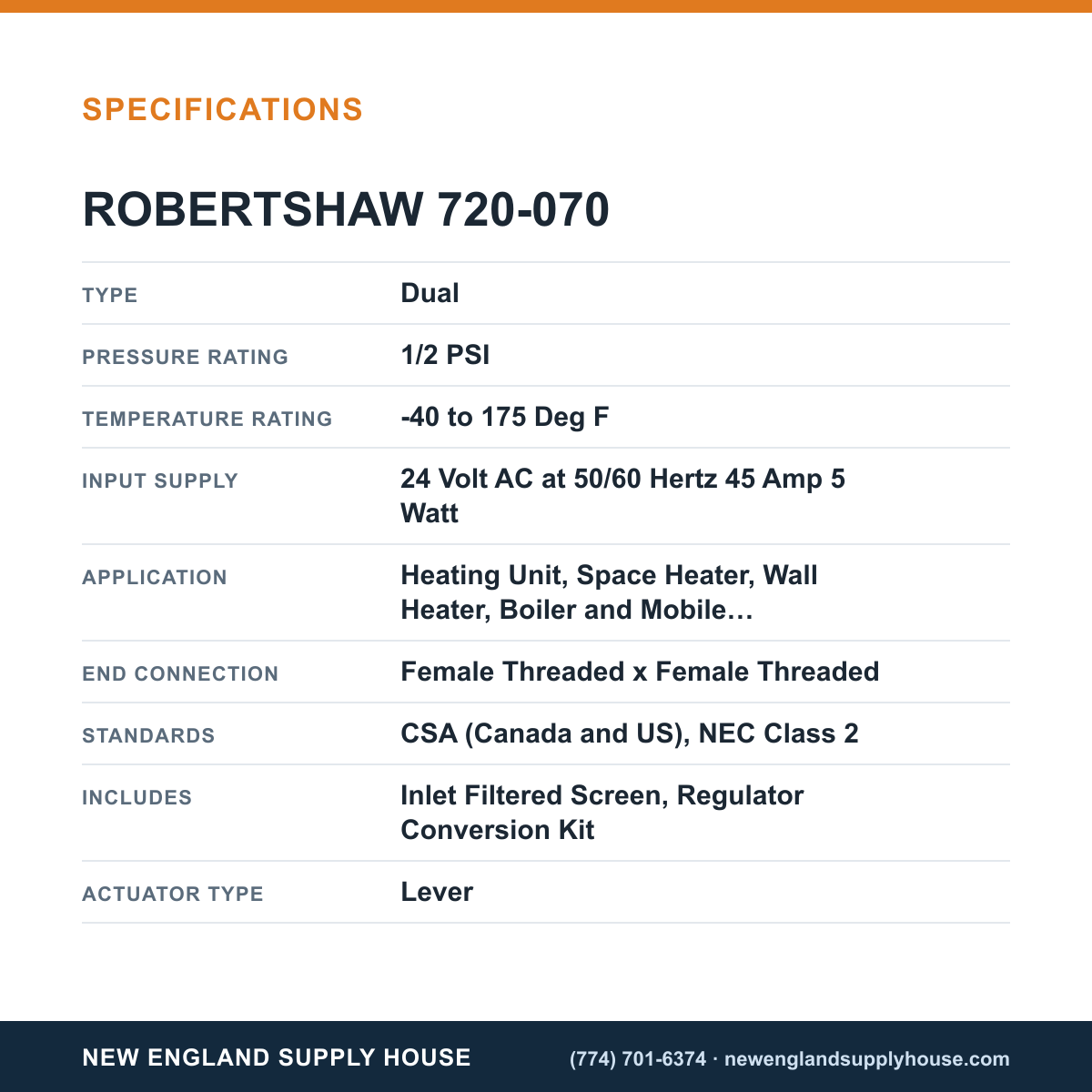 Robertshaw 720-070 Gas Valve specifications — New England Supply House [NESH-SPECTABLE-V1]