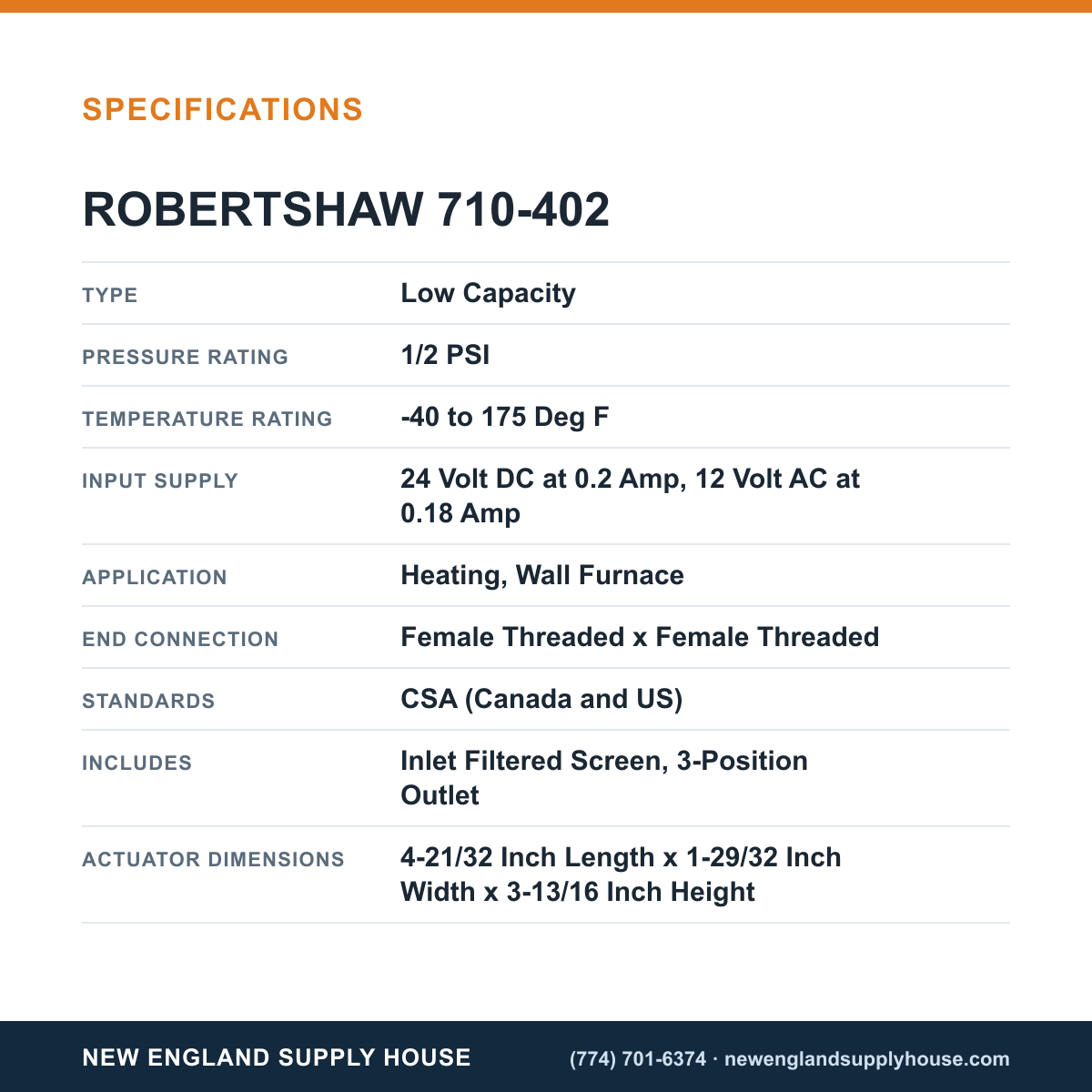 Robertshaw 710-402 Gas Valve specifications — New England Supply House [NESH-SPECTABLE-V1]