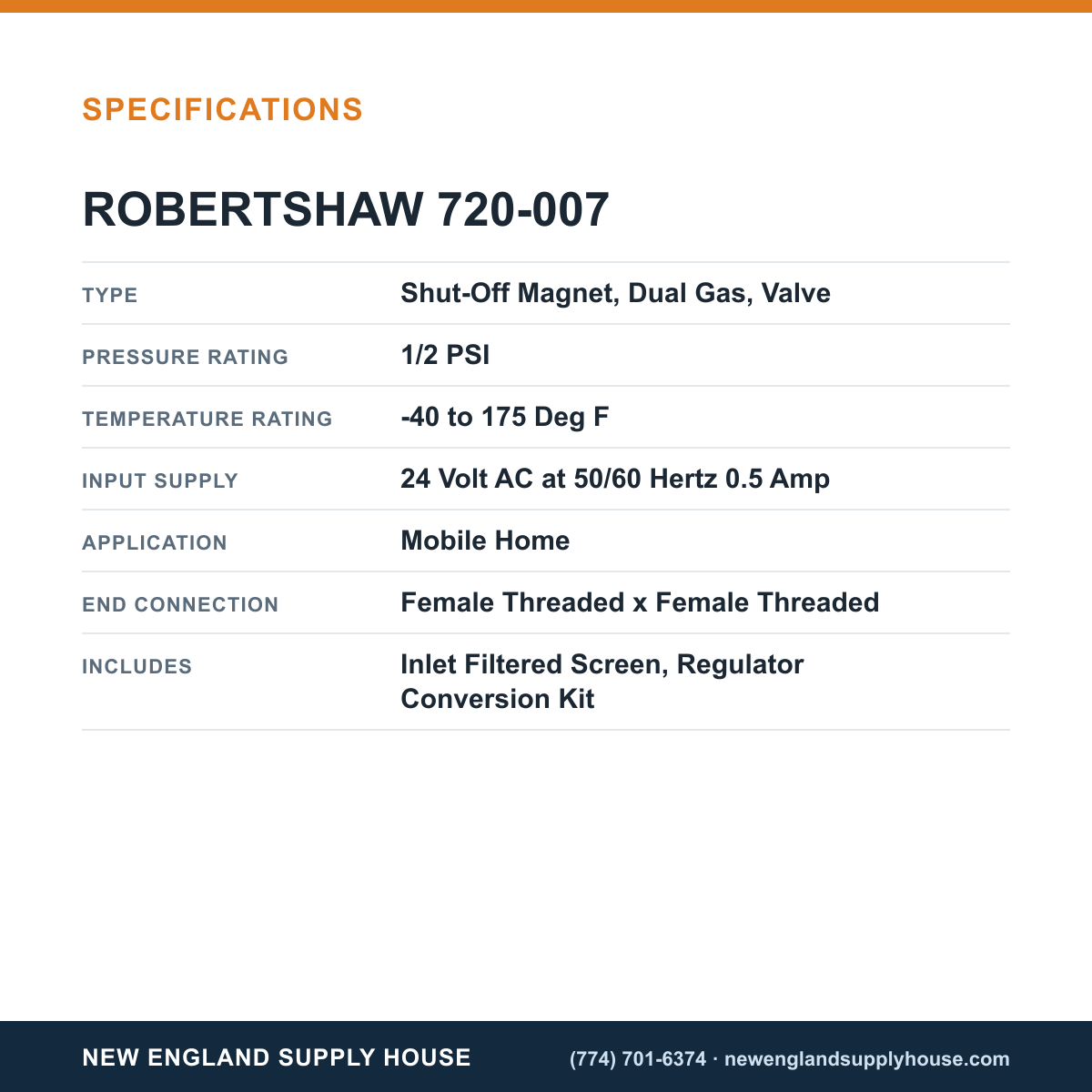 Robertshaw 720-007 Gas Valve specifications — New England Supply House [NESH-SPECTABLE-V1]