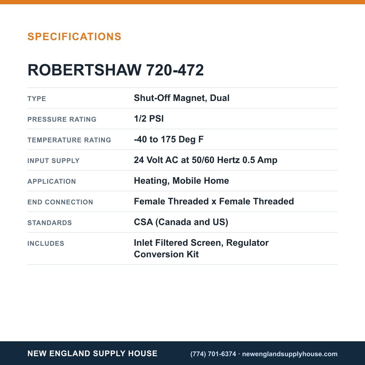 Robertshaw 720-472 Gas Valve specifications — New England Supply House [NESH-SPECTABLE-V1]
