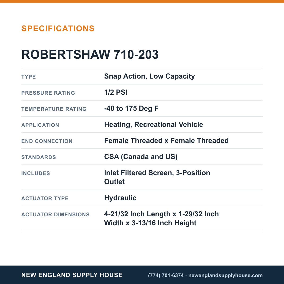 Robertshaw 710-203 Gas Valve specifications — New England Supply House [NESH-SPECTABLE-V1]