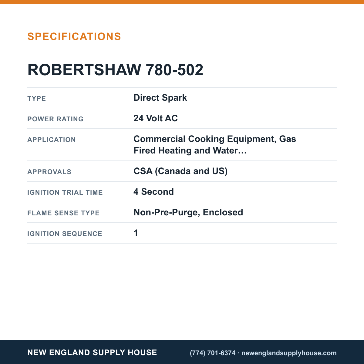 Robertshaw 780-502 Ignition Control Module specifications — New England Supply House [NESH-SPECTABLE-V1]