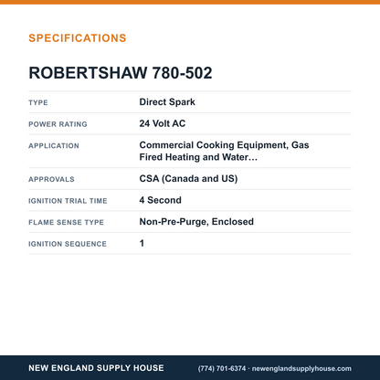 Robertshaw 780-502 Ignition Control Module specifications — New England Supply House [NESH-SPECTABLE-V1]