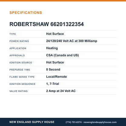 Robertshaw 66201322354 Ignition Control Module specifications — New England Supply House [NESH-SPECTABLE-V1]
