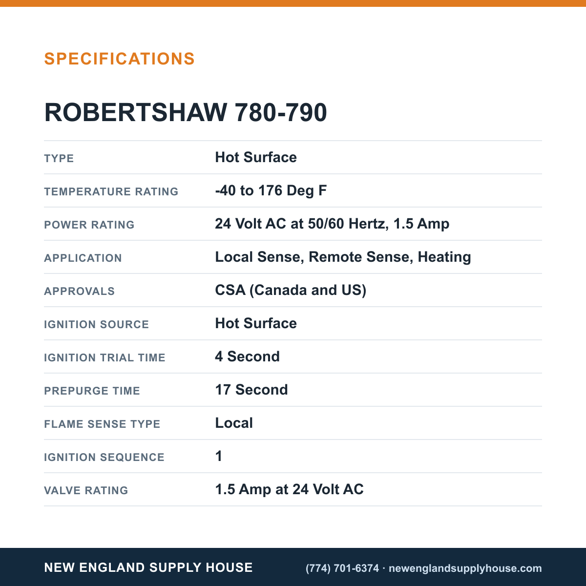 Robertshaw 780-790 Ignition Control Module specifications — New England Supply House [NESH-SPECTABLE-V1]