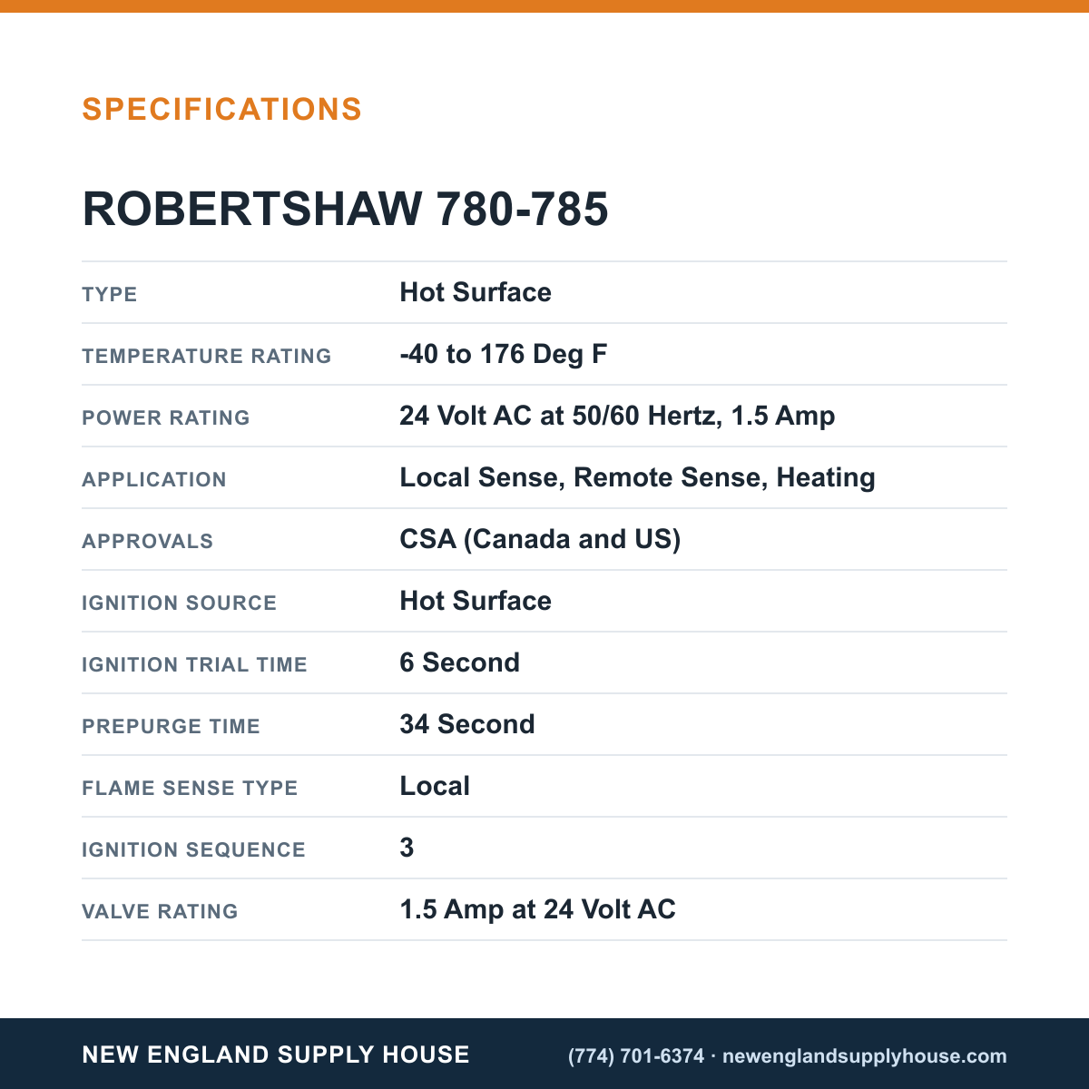 Robertshaw 780-785 Ignition Control Module specifications — New England Supply House [NESH-SPECTABLE-V1]