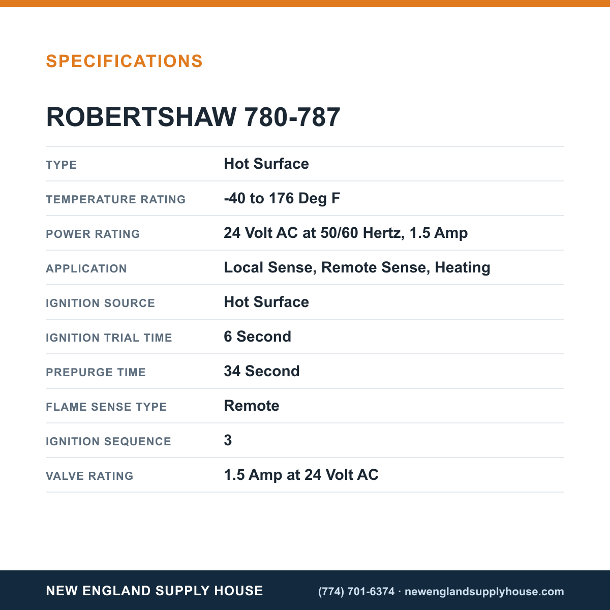 Robertshaw 780-787 Ignition Control Module specifications — New England Supply House [NESH-SPECTABLE-V1]