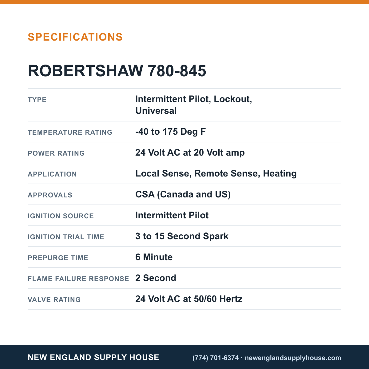 Robertshaw 780-845 Ignition Control Module specifications — New England Supply House [NESH-SPECTABLE-V1]