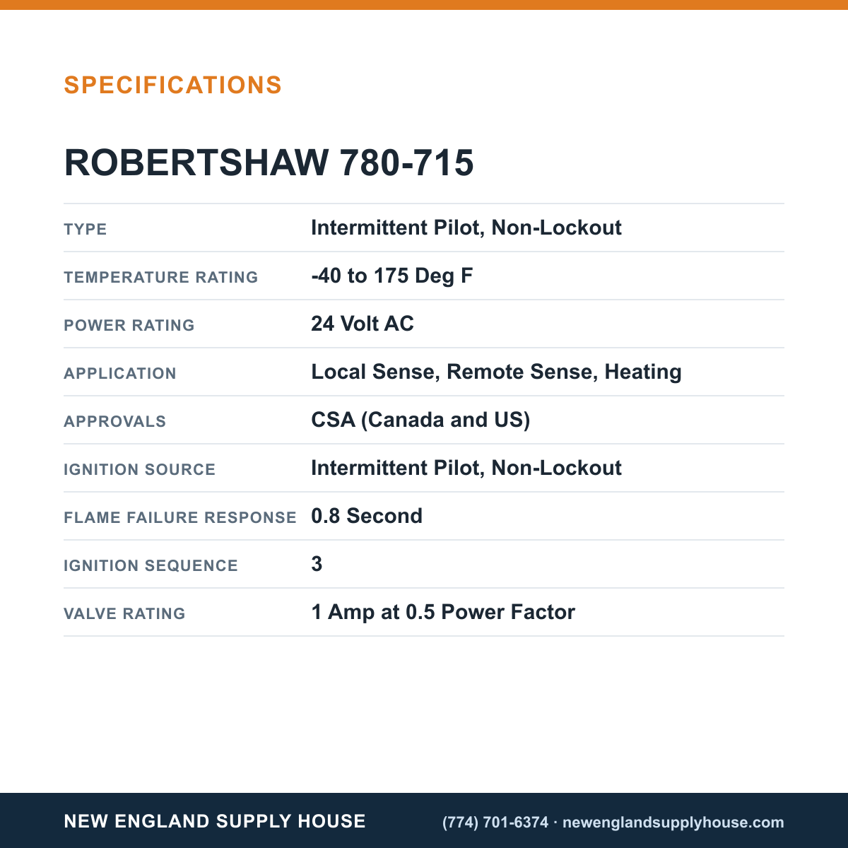 Robertshaw 780-715 Ignition Control Module specifications — New England Supply House [NESH-SPECTABLE-V1]