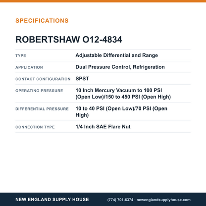 Robertshaw O12-4834 Refrigeration Pressure Controller specifications — New England Supply House [NESH-SPECTABLE-V1]
