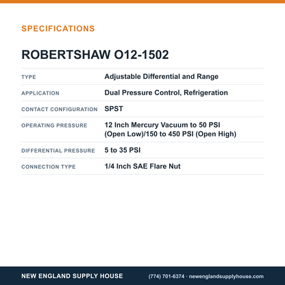 Robertshaw O12-1502 Refrigeration Pressure Controller specifications — New England Supply House [NESH-SPECTABLE-V1]
