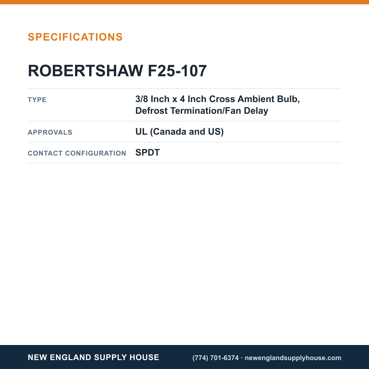 Robertshaw F25-107 Refrigeration Temperature Control specifications — New England Supply House [NESH-SPECTABLE-V1]