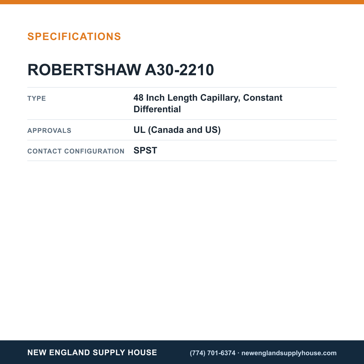 Robertshaw A30-2210 Refrigeration Temperature Control specifications — New England Supply House [NESH-SPECTABLE-V1]